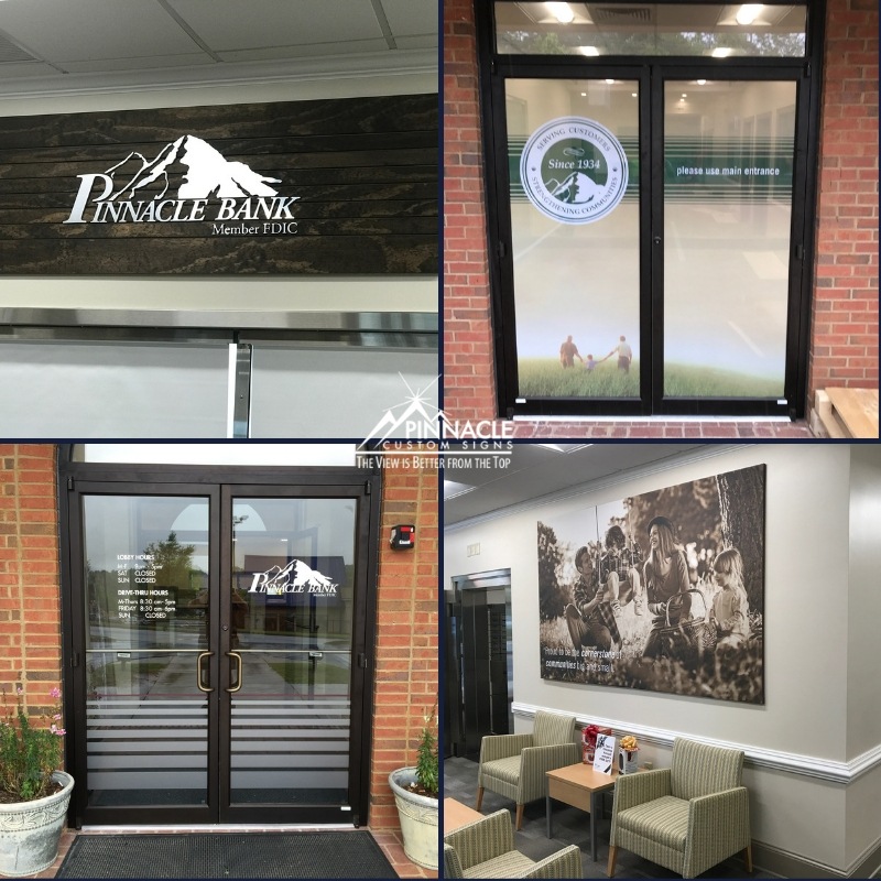 custom logo sign, door window graphics, and wall graphics for Pinnacle Bank